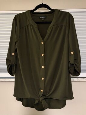 Fortune + Ivy Olive Tie-Front Button Down Shirt